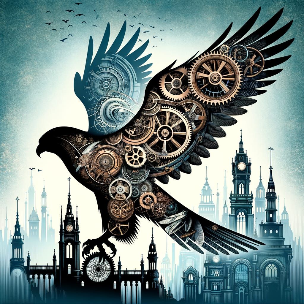 Steampunk Falcon City Silhouette in Victorian Setting
