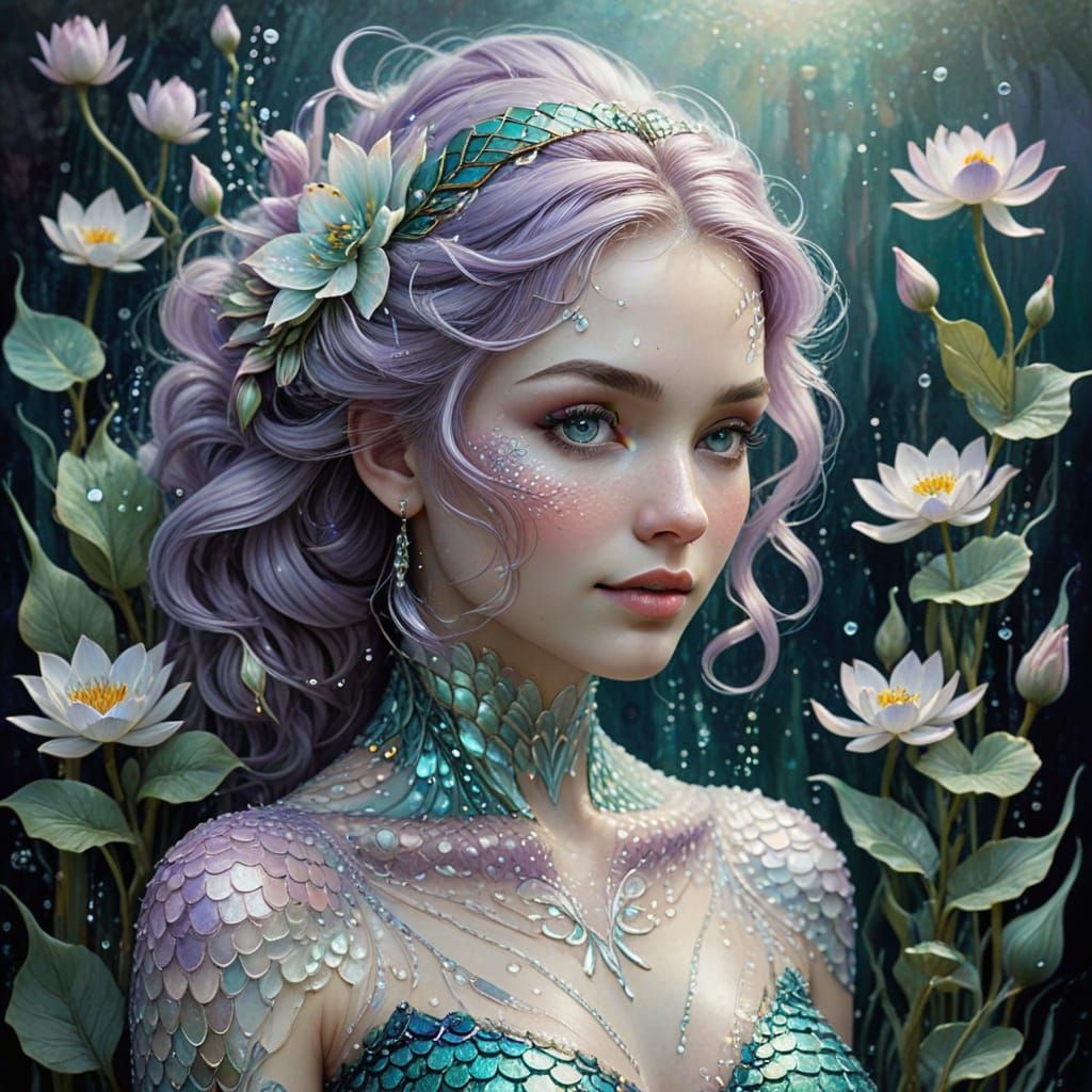 Enchanting Mermaid Amidst Lotuses in Watercolor Style