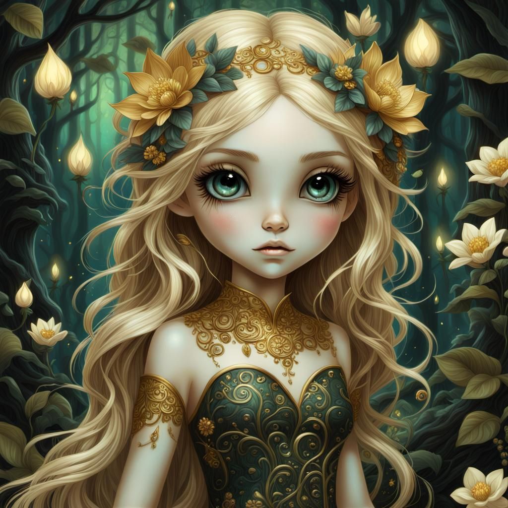 Adorable Pixie Girl in Eerie Forest, Fantasy Art