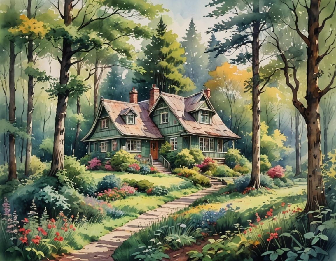 Dreamy Forest Cottage in Impressionistic Watercolor Style