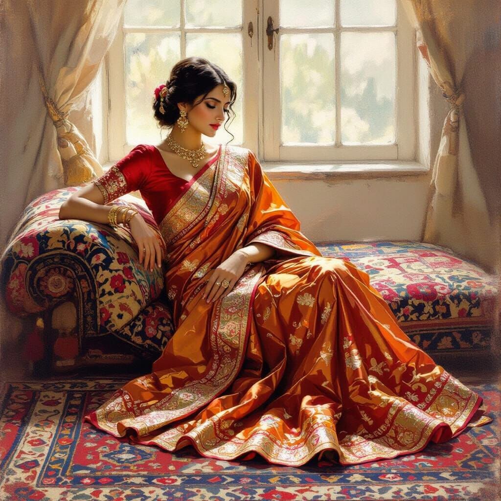Elegant Woman in Silk Saree on Persian Rug