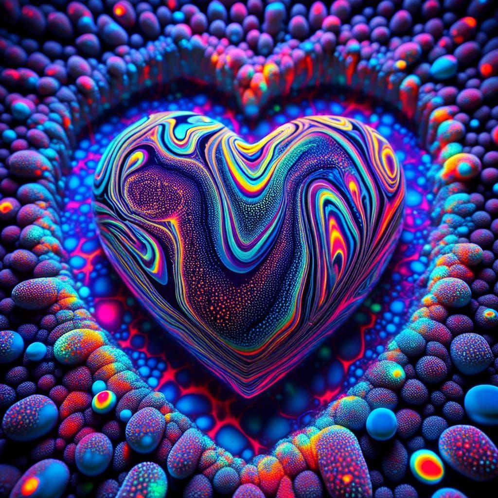 Illuminated Heart with Ferrofluid and Larimar in UV Light