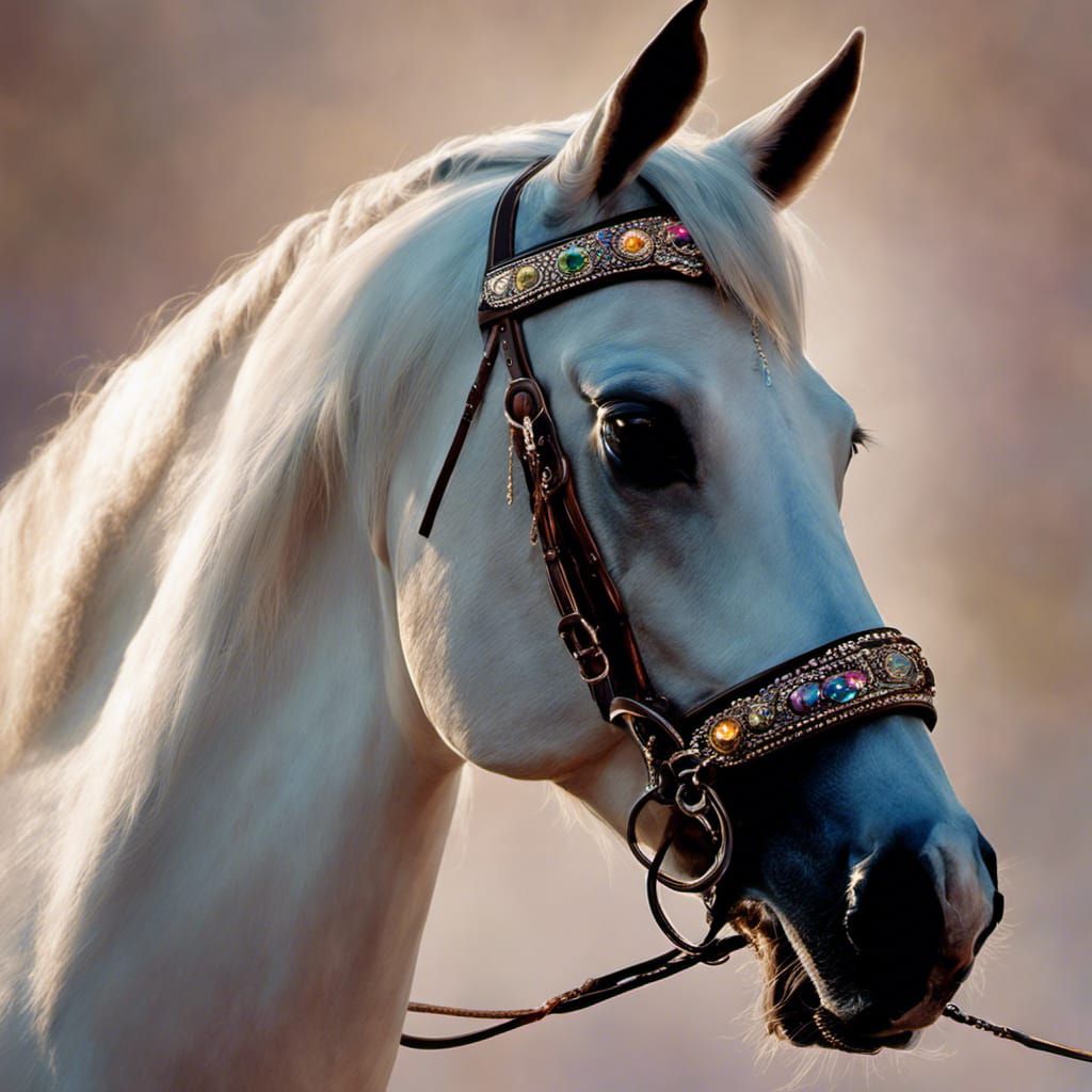 Gorgeous Arabian grey stallion, with jeweled bridle.