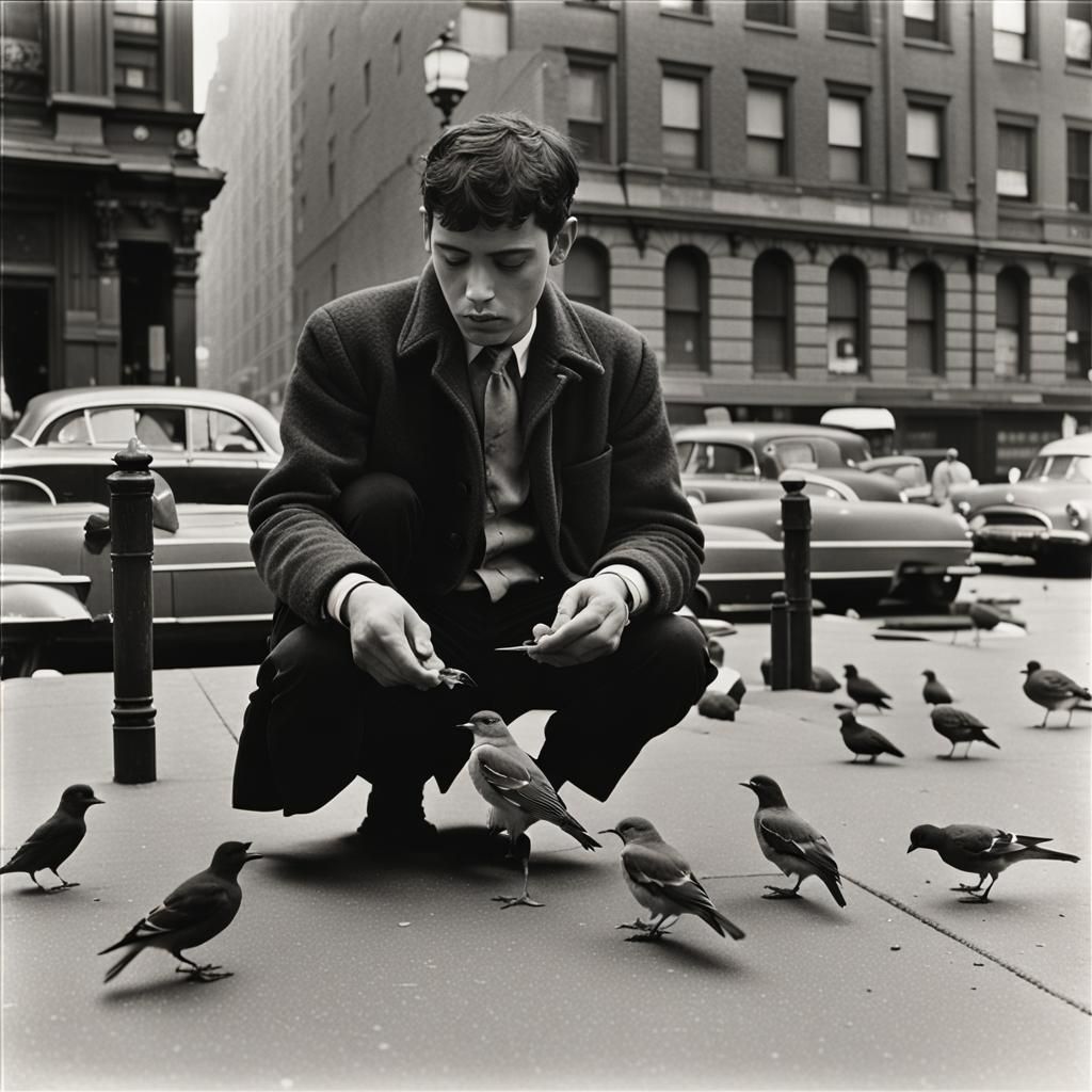 Man Feeding Birds in New York, Arbus Style