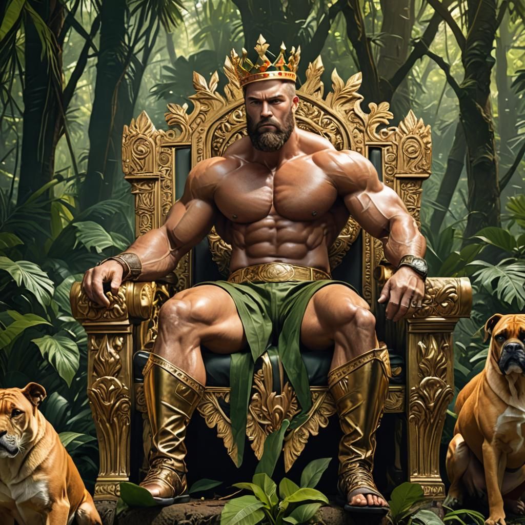 Hyperrealistic Muscled Man with Boxer on Throne