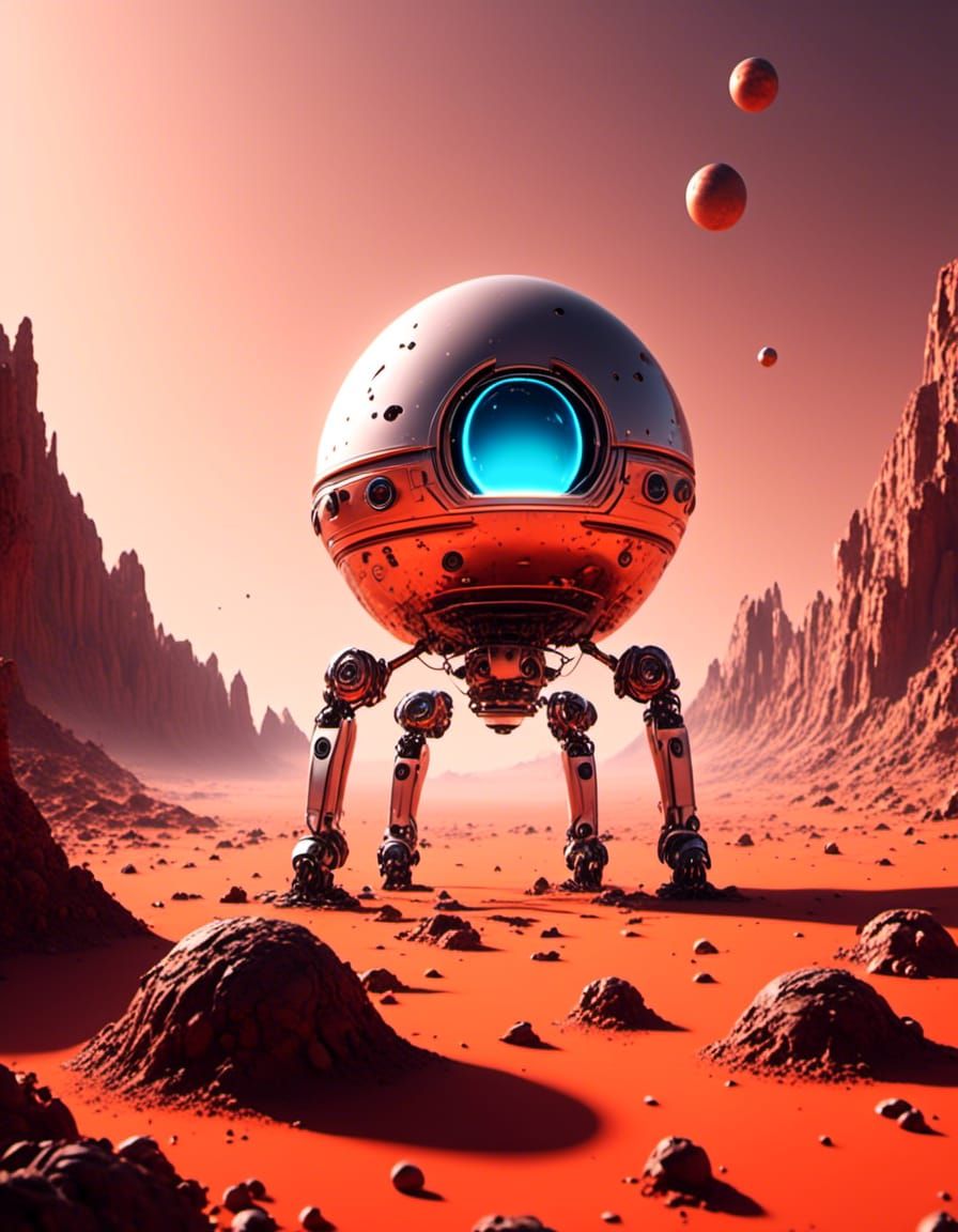 AI Robot Sphere Floating on Mars in 3D