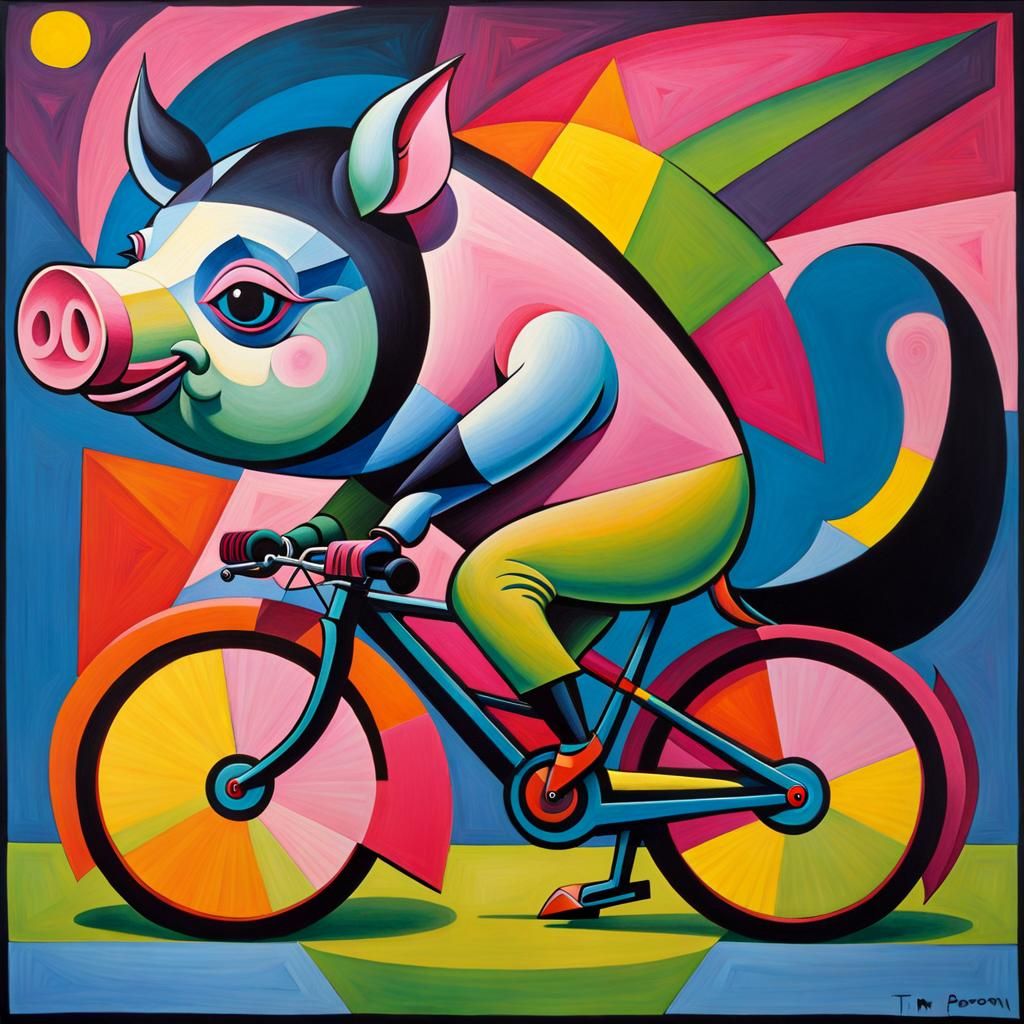 Cubist Pig on Bicycle in Bold Colors