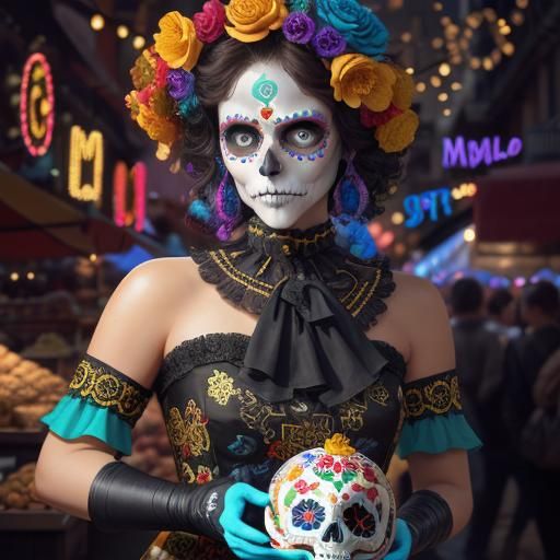 Festive Sugar Skull in Vibrant Marketplace: 3D Render