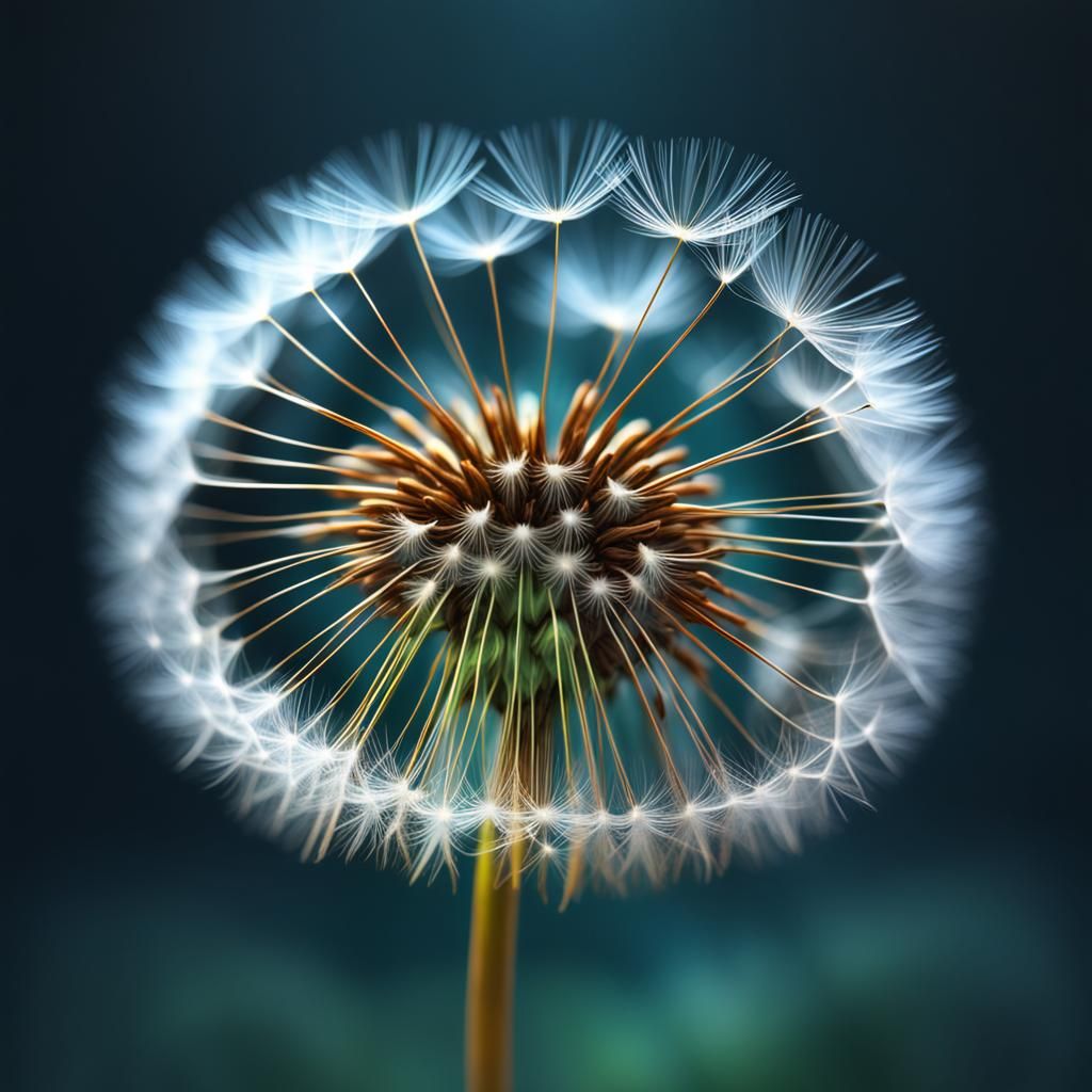 fine, wispy structure of a dandelion seed head
