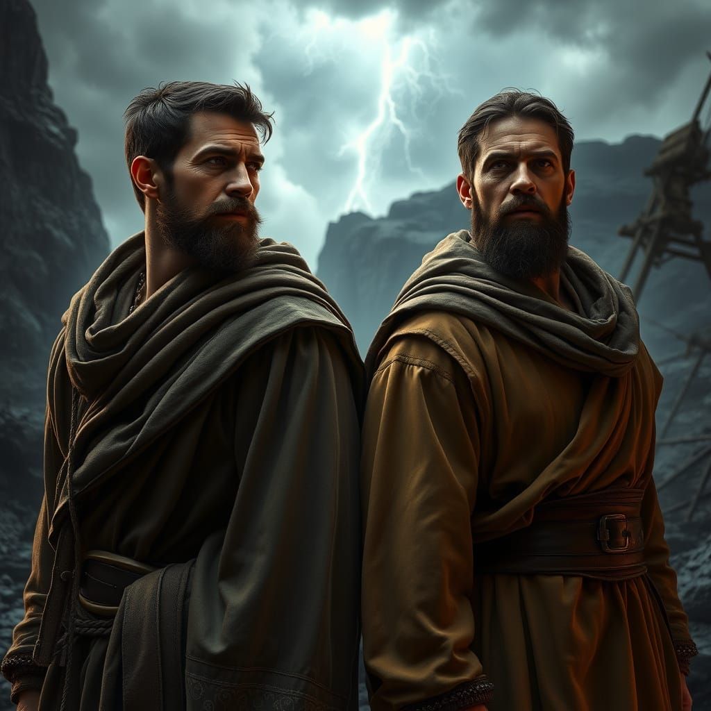 Men Standing Strong Against Turbulent Stormy Landscape