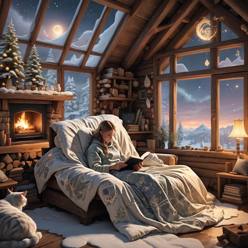 Cozy Cabin Scene in Whimsical Fractal Art