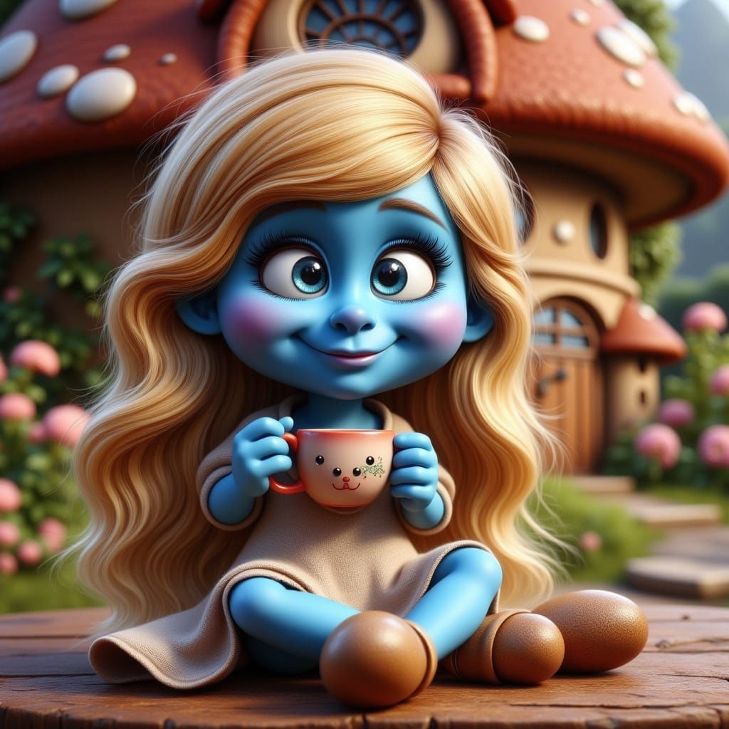 Whimsical Smurfette Sips Cozy Coffee in Dreamy Enchanted For...