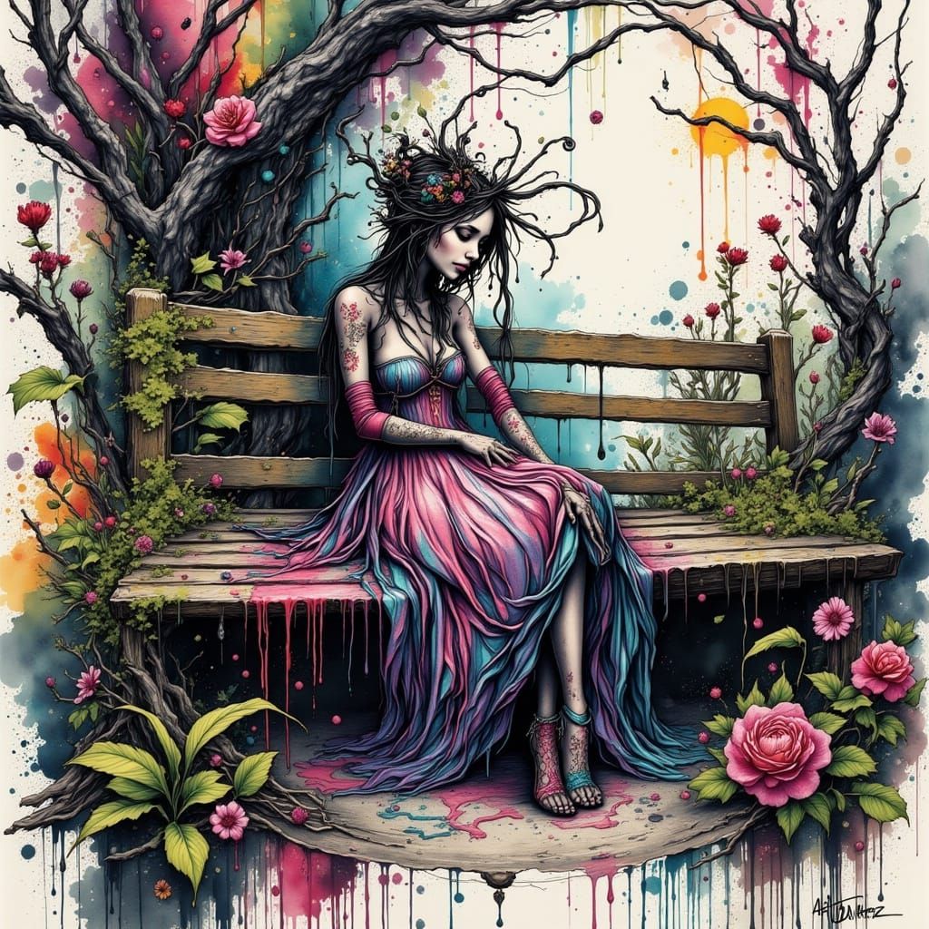 Woman in Overgrown Park as Watercolor and Ink Art