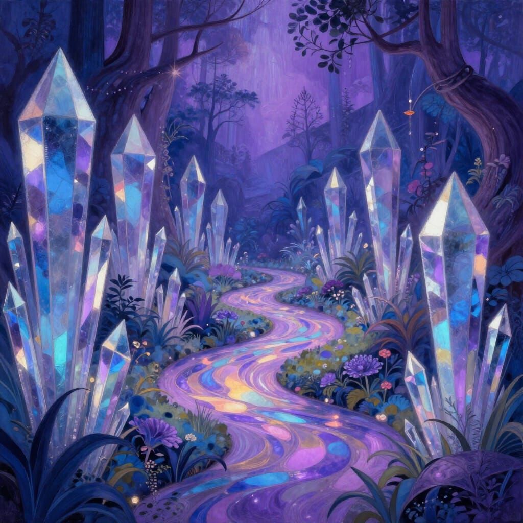Enchanted Garden with Crystalline Prisms and Surreal Pathway...