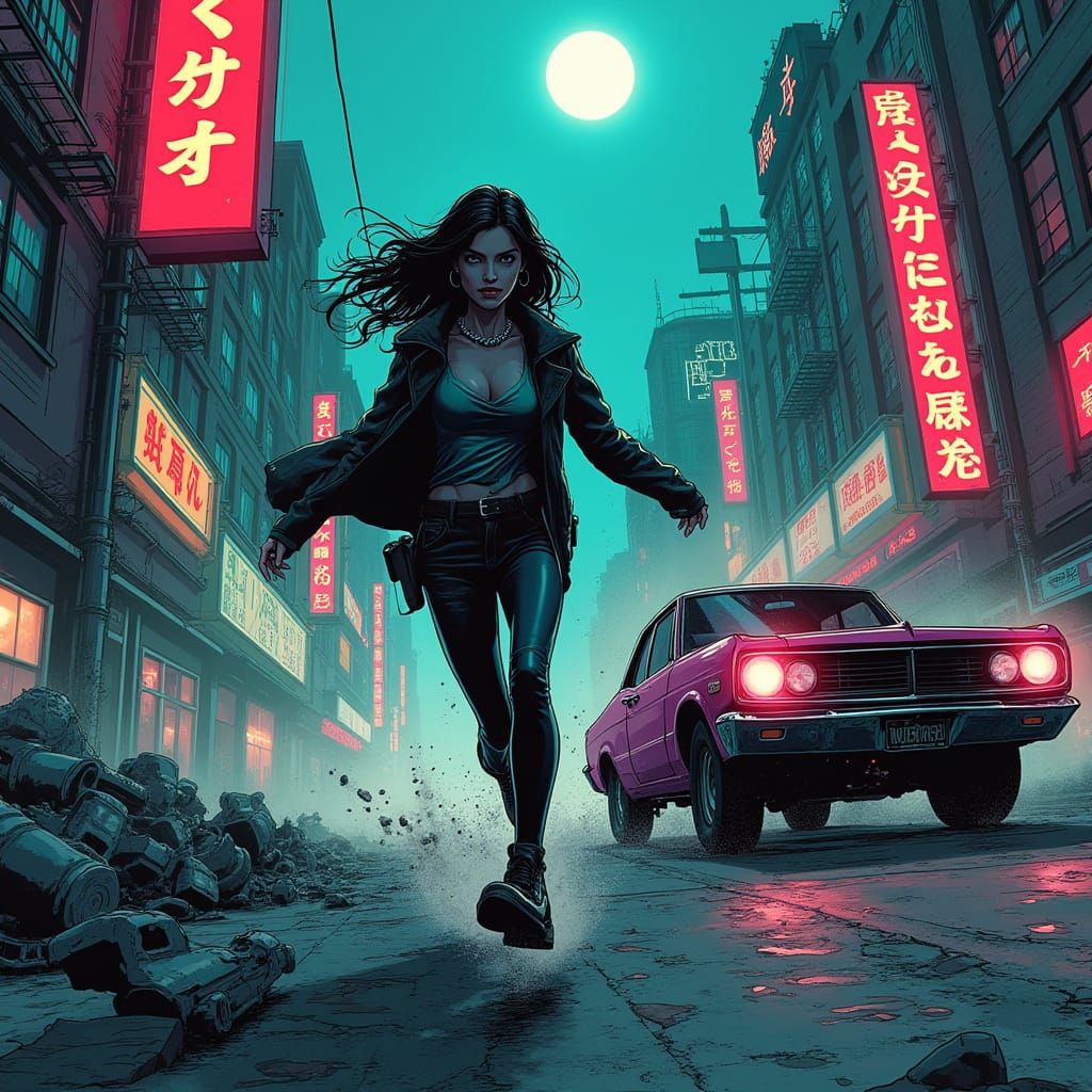 Cyberpunk Chase Through Neon Slums in Neo-Noir Comic Style