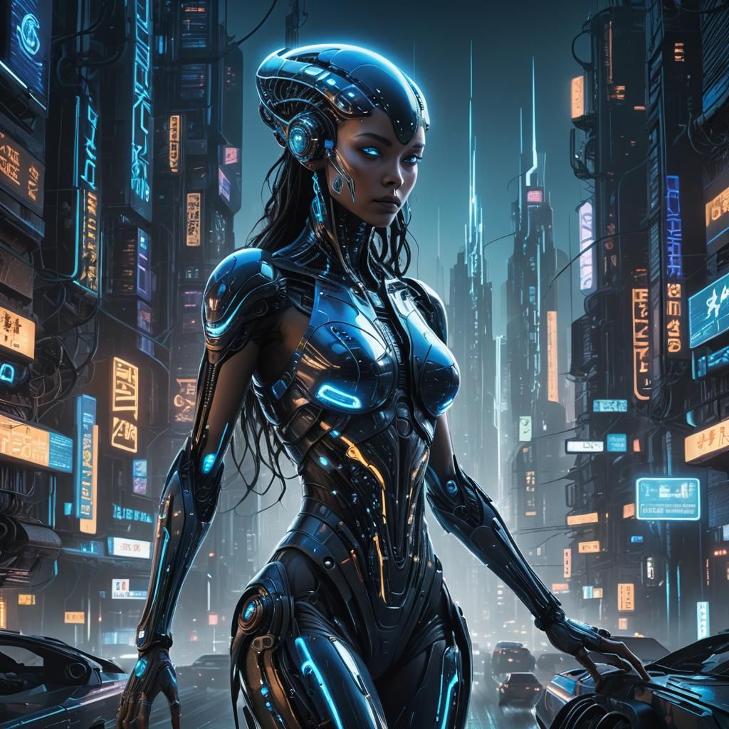 Cyberpunk Alien Goddess in Neon Cityscape