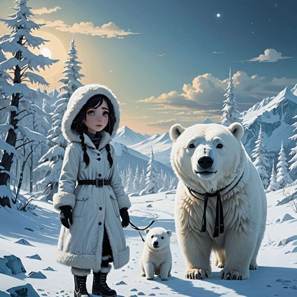 Cute Eskimo Girl and Polar Bear in Burton Style