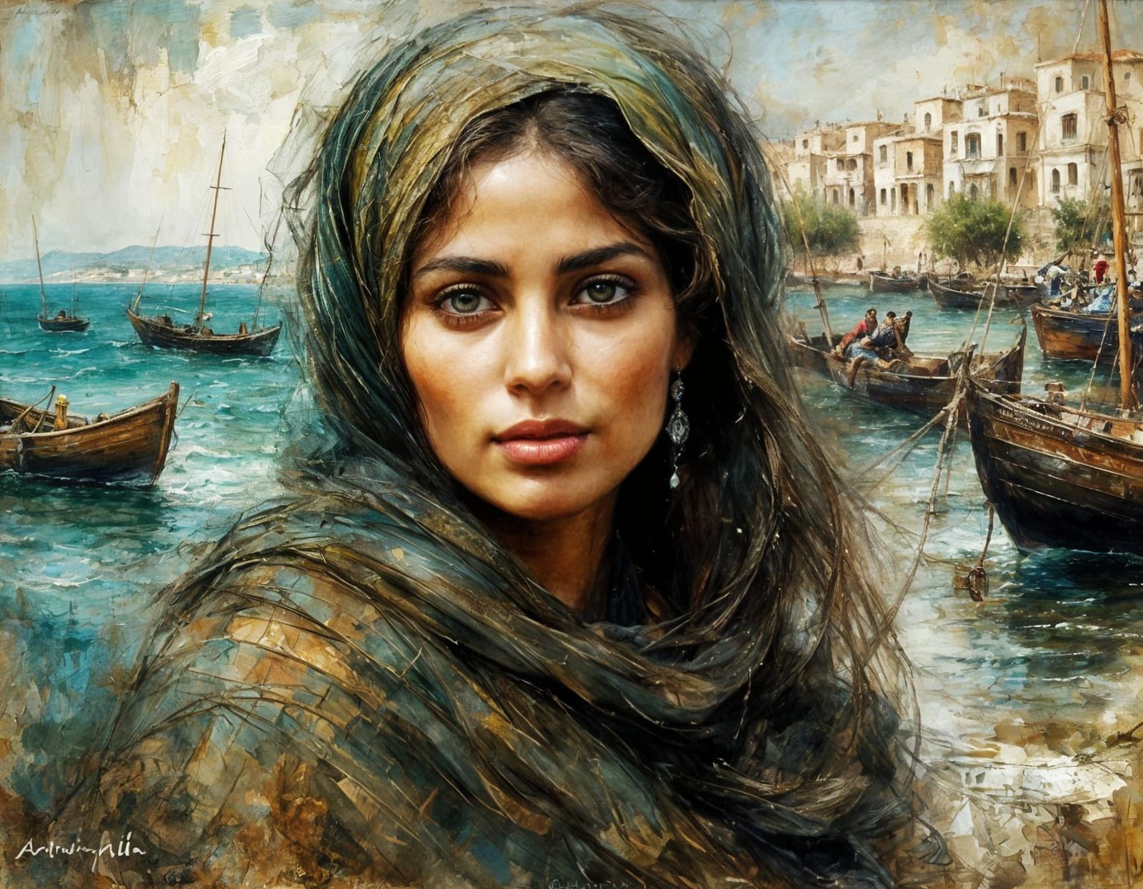 Impressionist Portrait of Palestinian Woman with Sea View