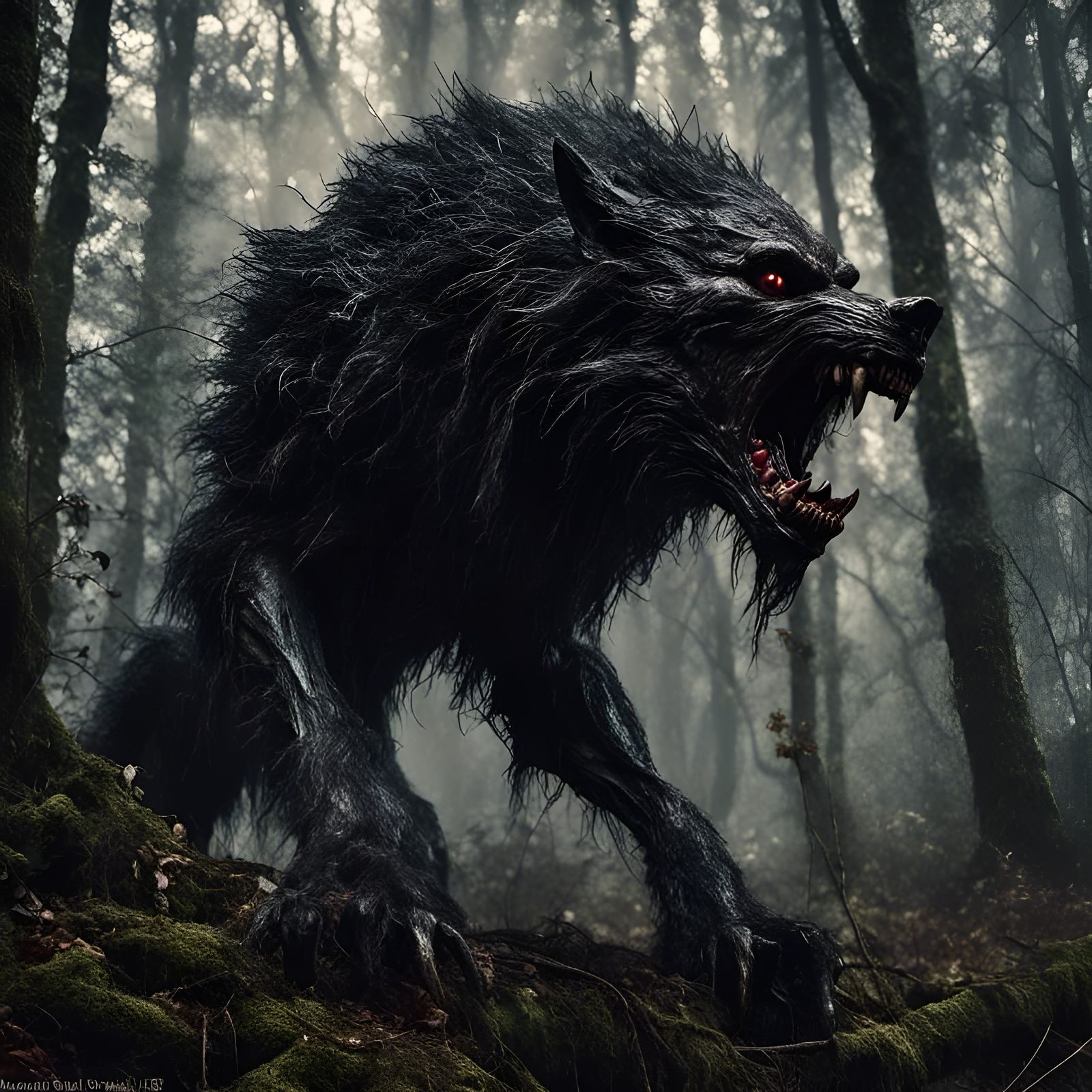 Fearsome Werewolf Snarling in Dark Fantasy Woods