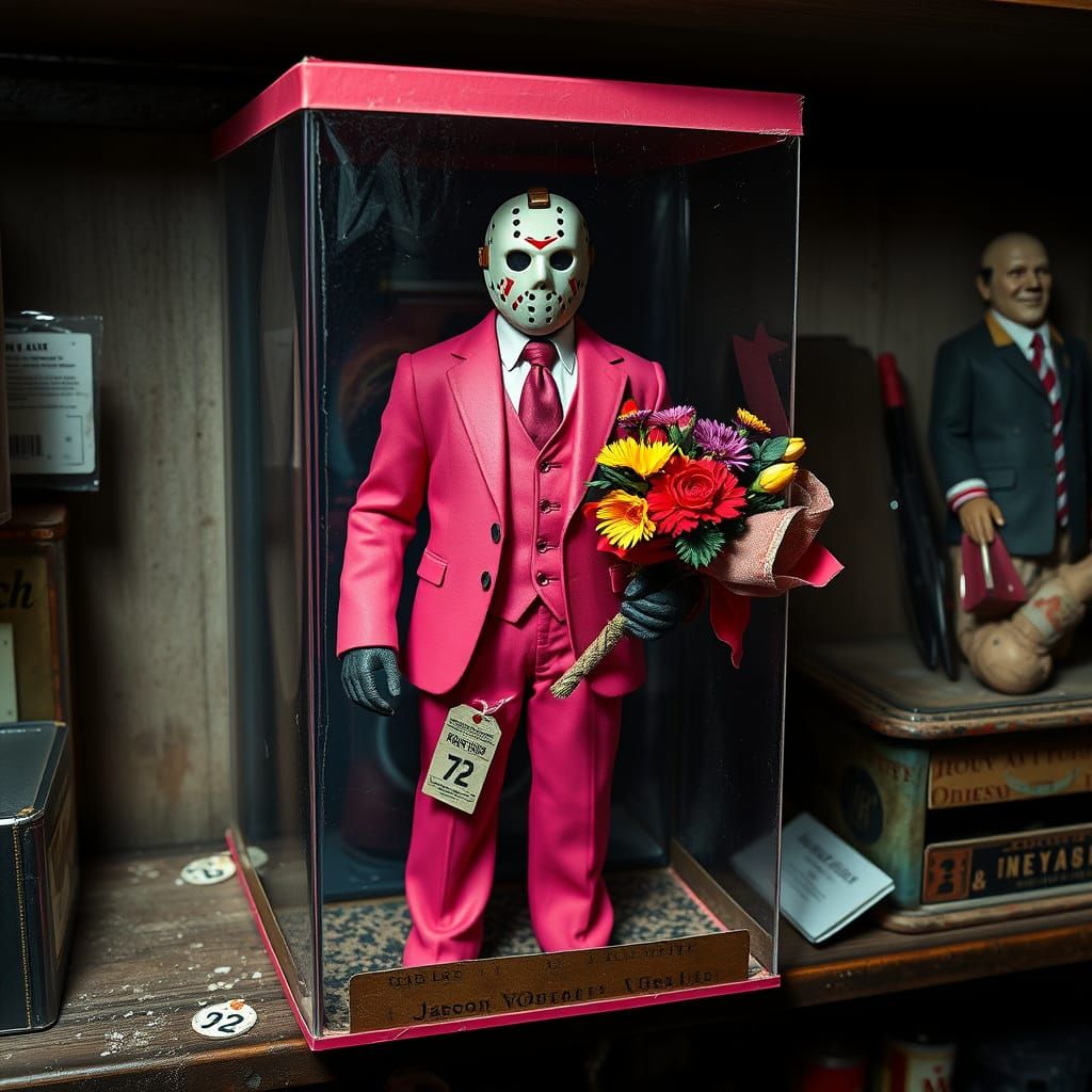 Jason Vorhees in a pink suit. with a flower bouquet in his Hand, as Action Figure in a Plastik Box in a forgotten shop
