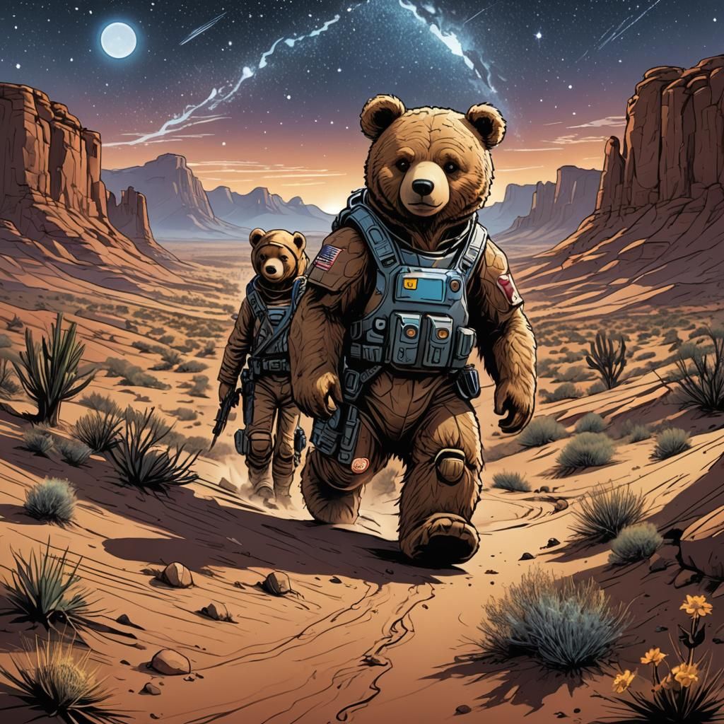 Teddy Bear Stargazing in Desert, Comic Book Art