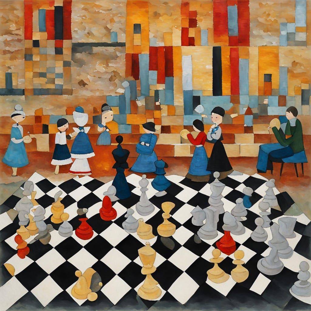 Girls Play Chess in Vibrant Impasto Art