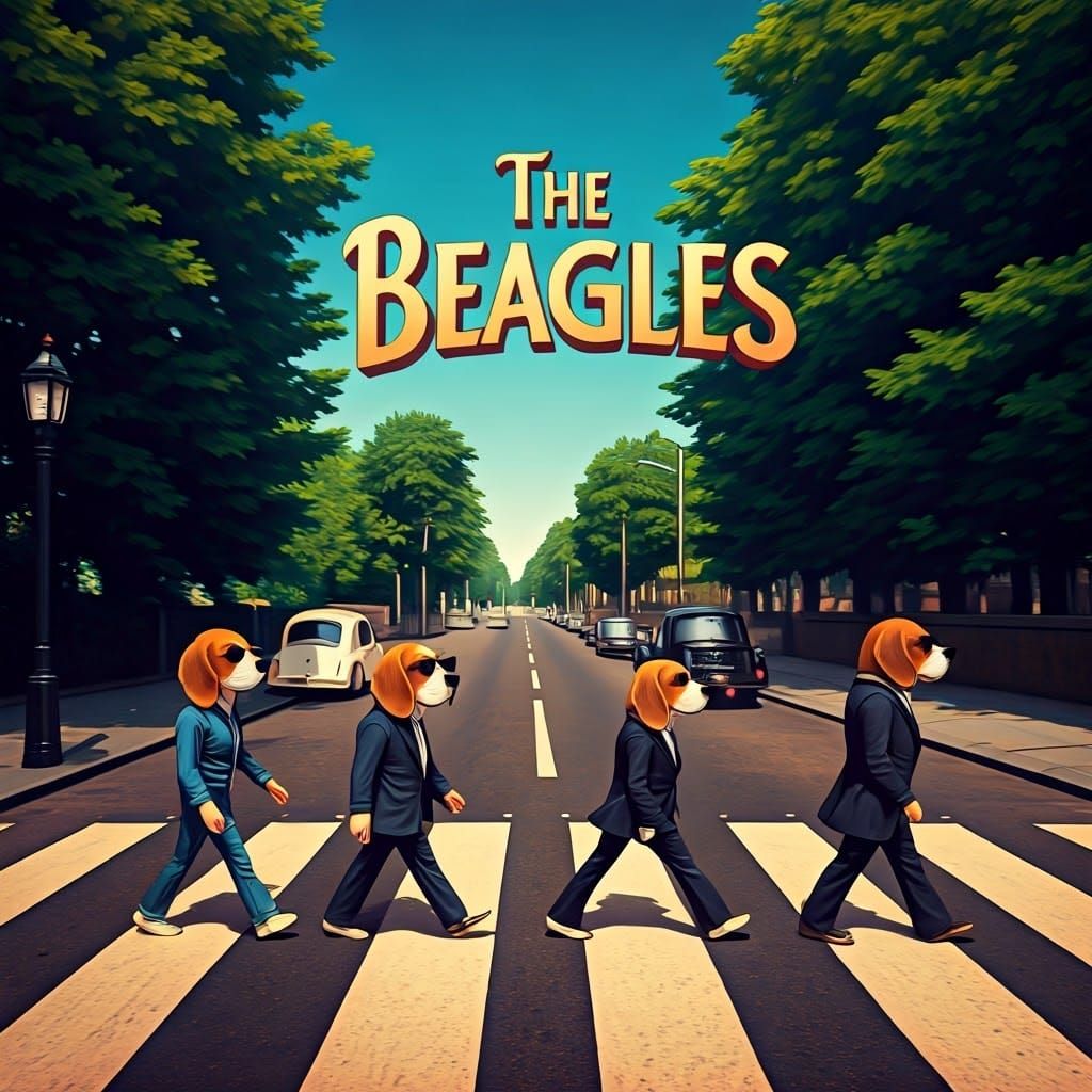 Four Beagles Walk Abbey Road in Vibrant, Whimsical Style