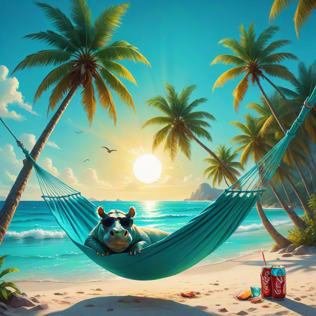 Turquoise Hippo on Beach in Vibrant Oil Painting