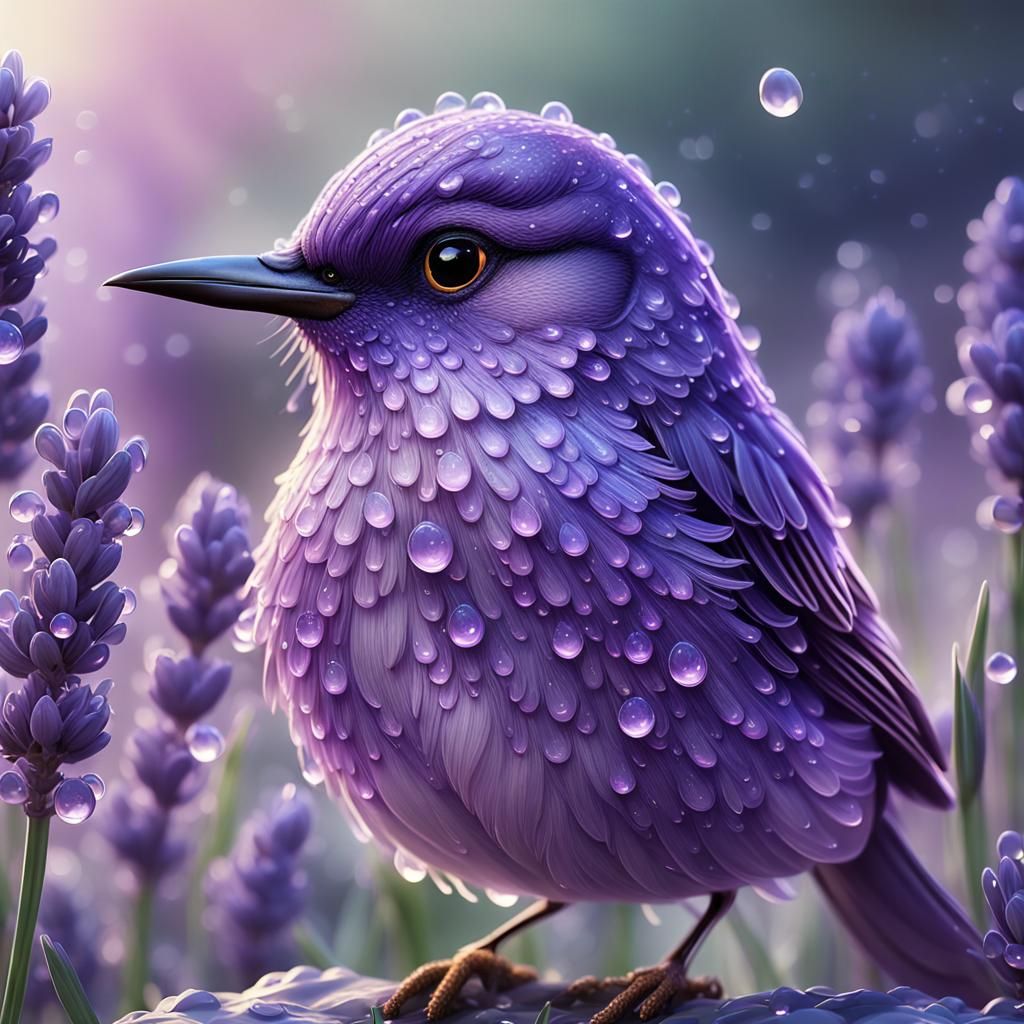 Purple Bird on Lavender in Shimmering Garden
