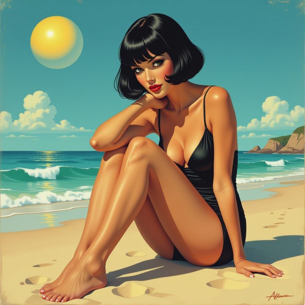 Retro Sci-Fi Beach Scene Inspired by Dali and Manara