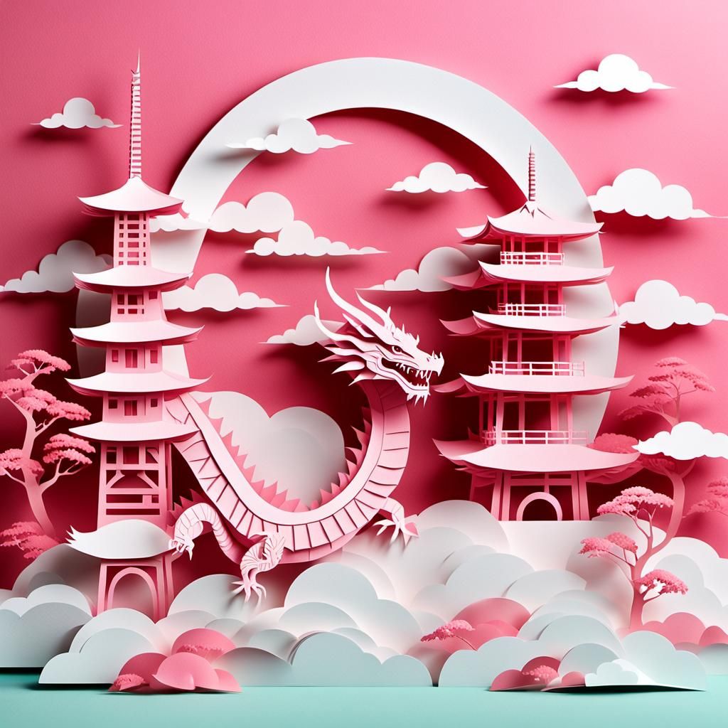 Pink Kirigami Dragon Soaring Over Mount Fuji