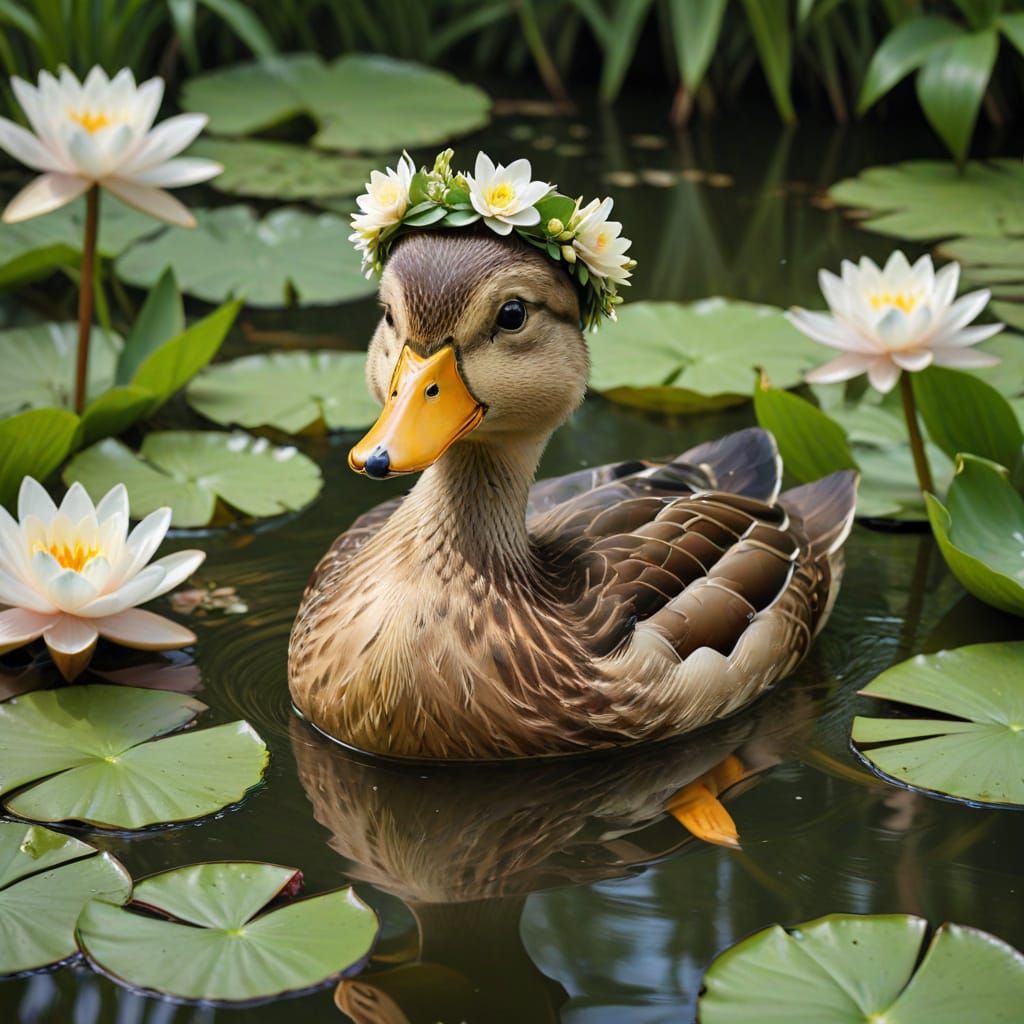 A Duckling Wearing a Flower Crown