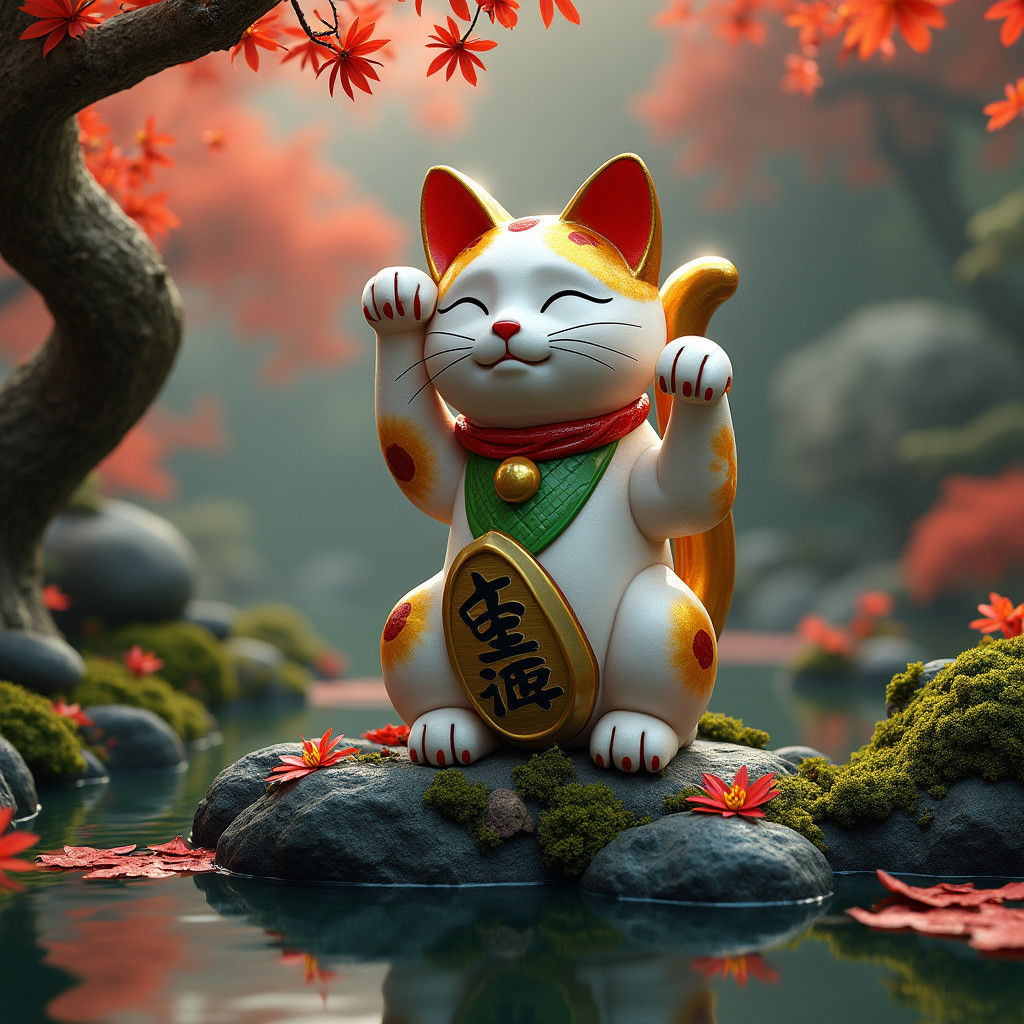 Maneki Neko in Bonsai Garden: Detailed Digital Painting
