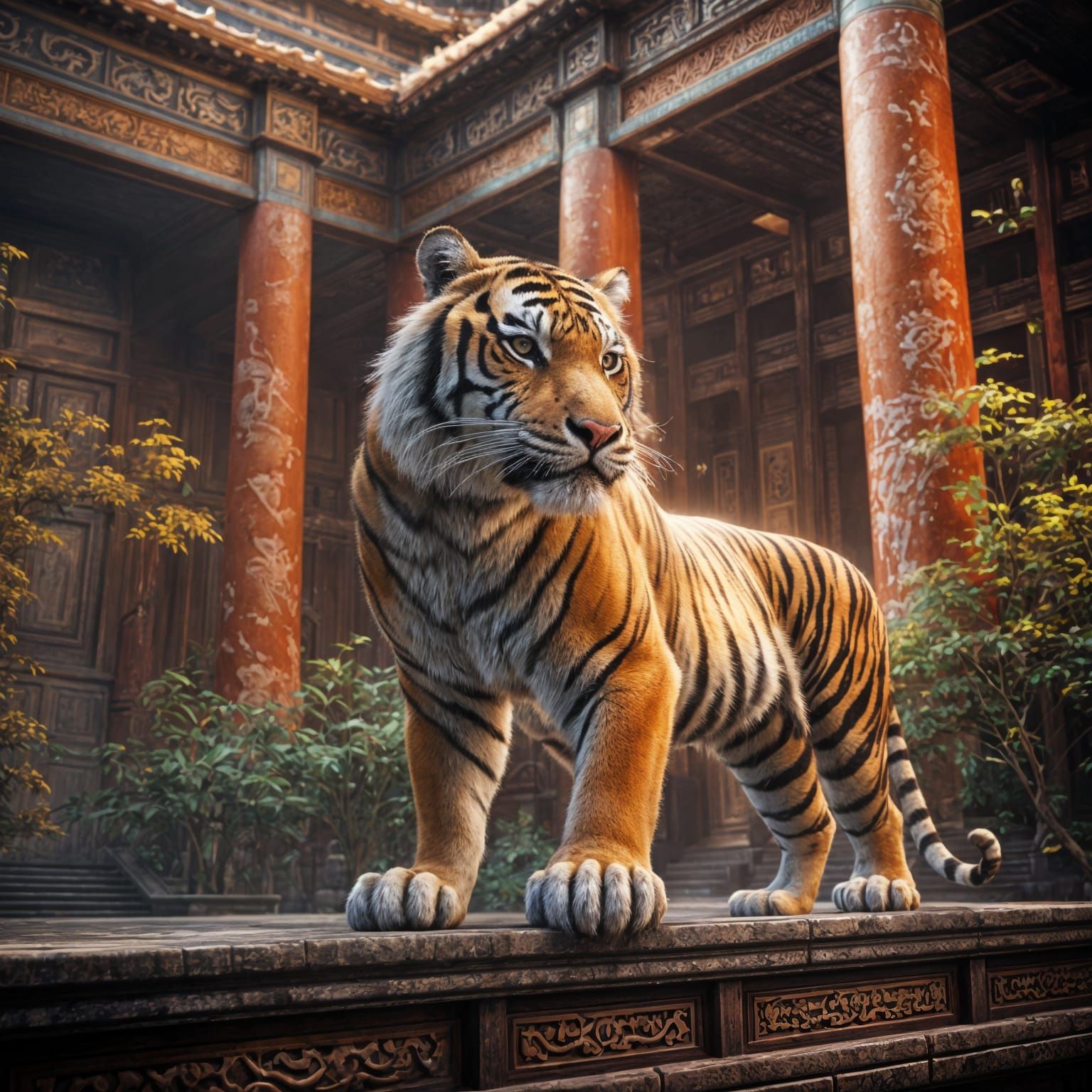 Fierce Tiger in Chinese Palace: Detailed Matte Painting