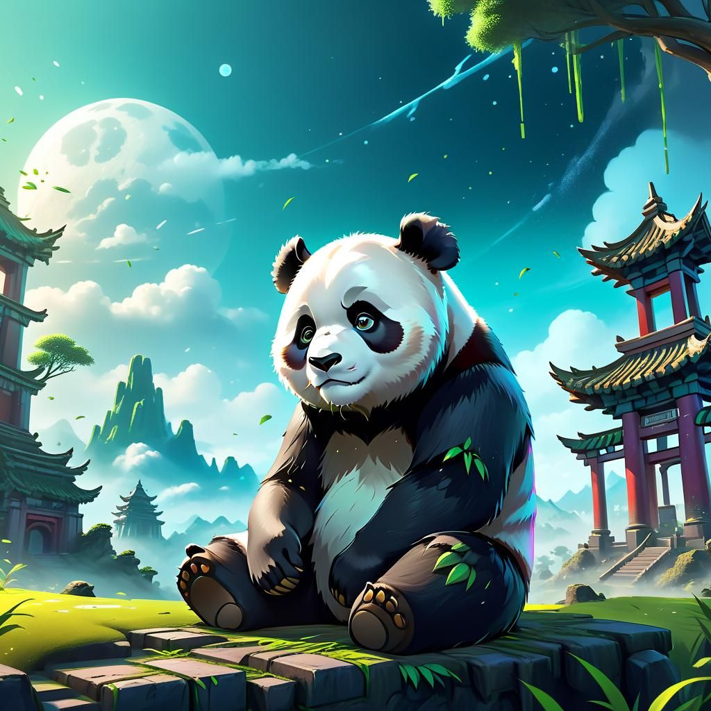 Sad Panda Gazing at Sky: Detailed Matte Painting