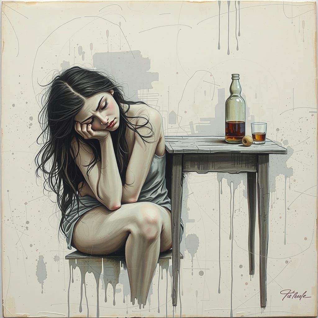 Melancholic Woman in Charcoal Sketch Style