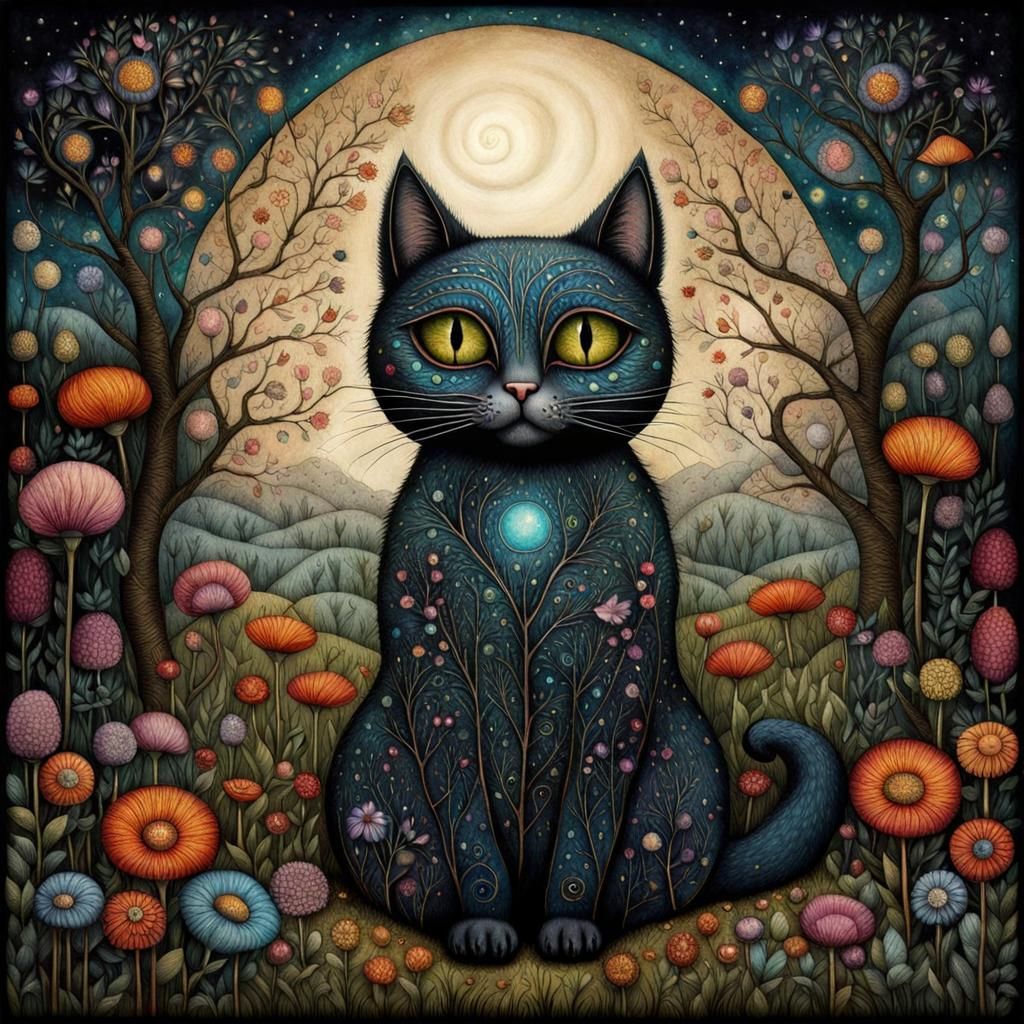 Dreamlike Cat in Garden Drawing