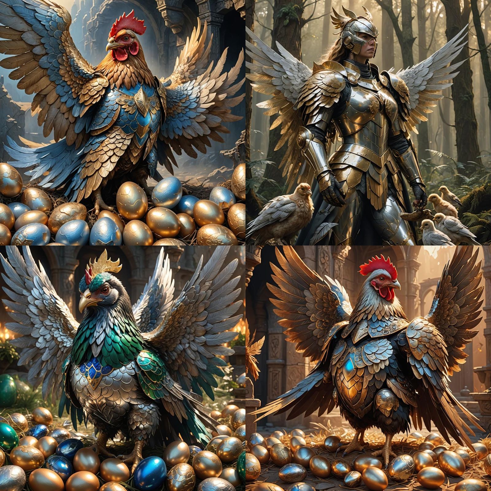 Armored Mother Hen Protecting Eggs, Detailed Digital Art