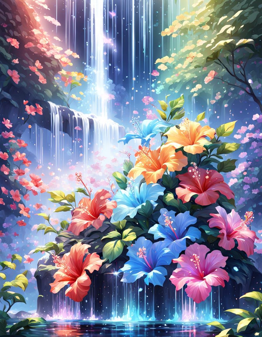 Rainbow Hibiscus Waterfall: 3D Anime Art