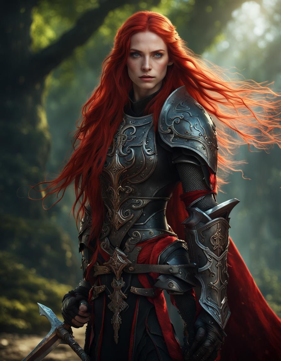 Red-Haired Elf Knight with Claymore, Fantasy Art