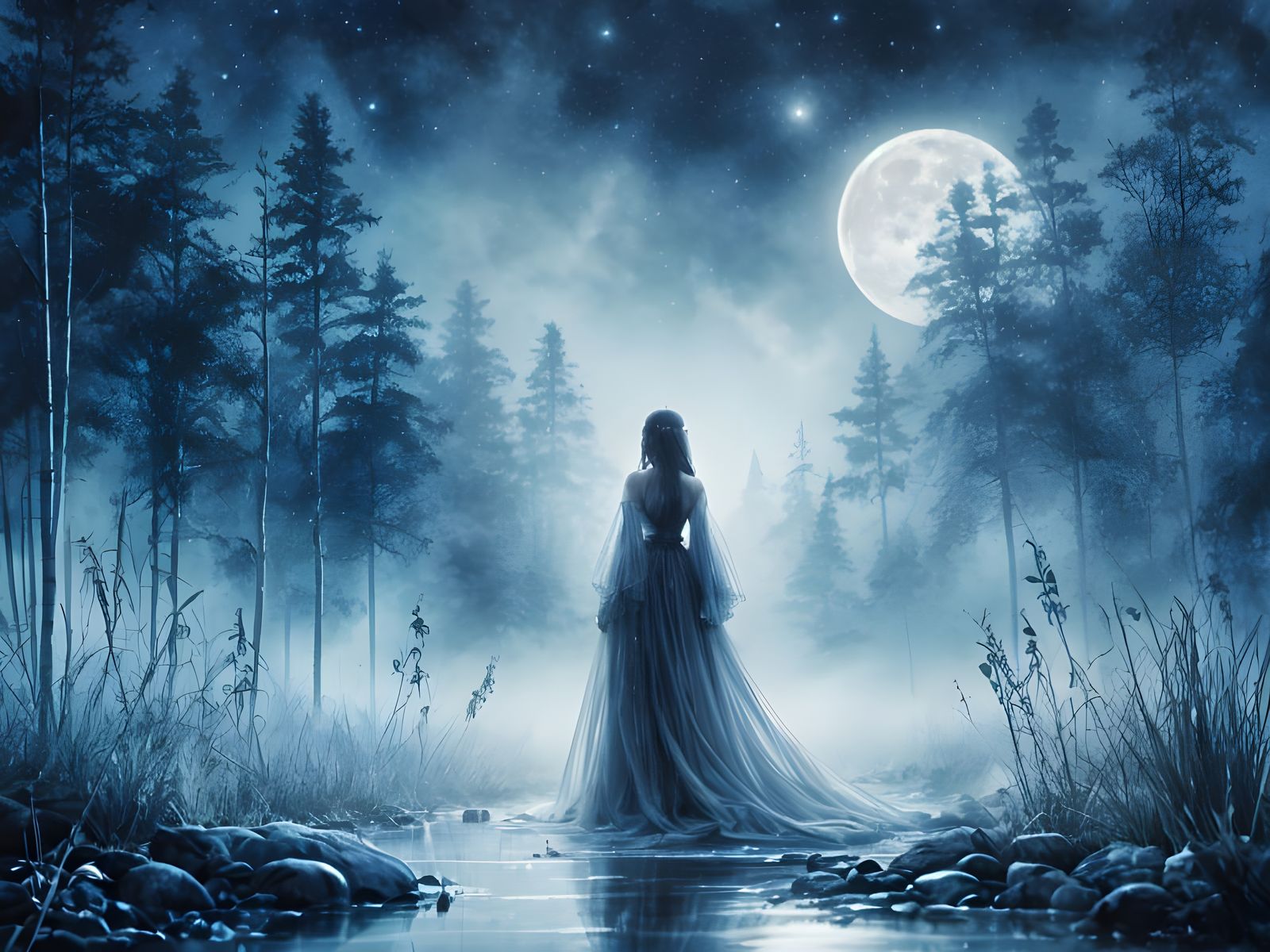 Serene Woman in Moonlit River Landscape as Chinese Painting