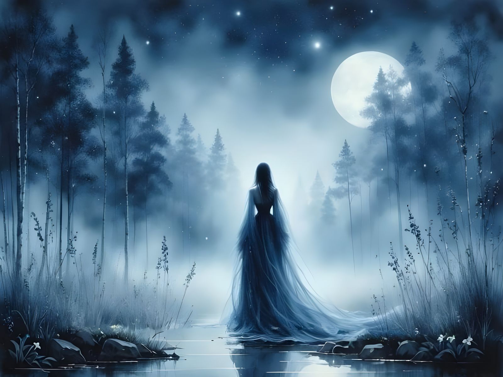 Serene Chinese Ink Painting of Woman by River