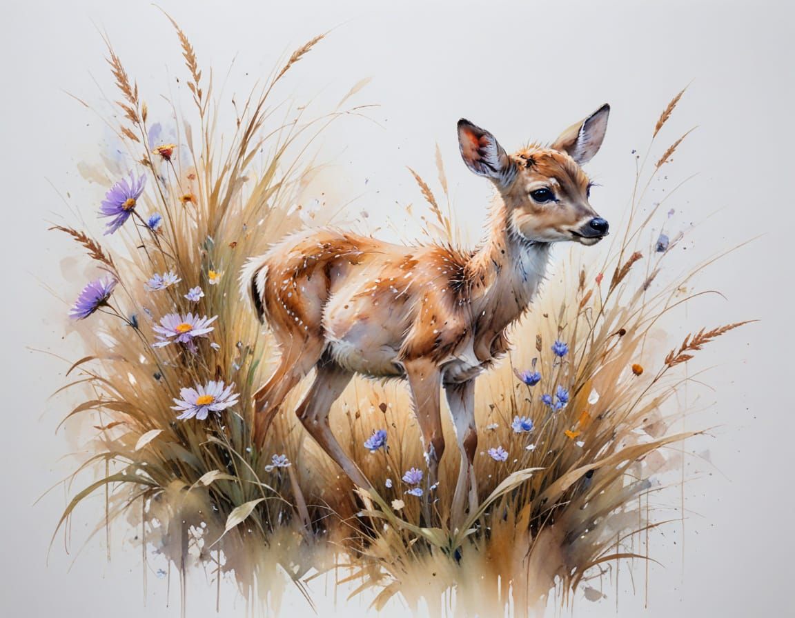 Fawn Peeking Through Meadow Grass in Watercolour Style