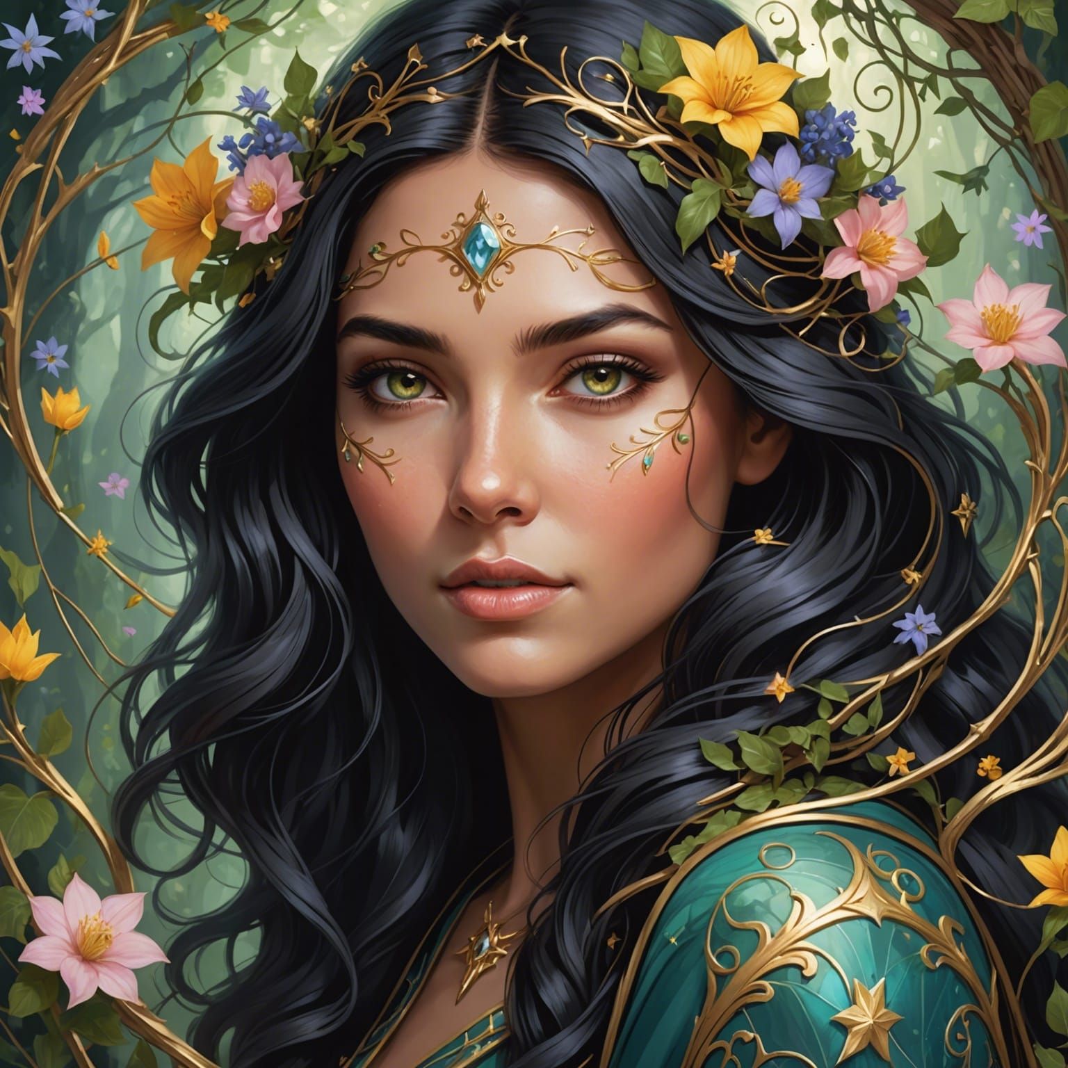 Radiant Woman Surrounded by Magic and Nature