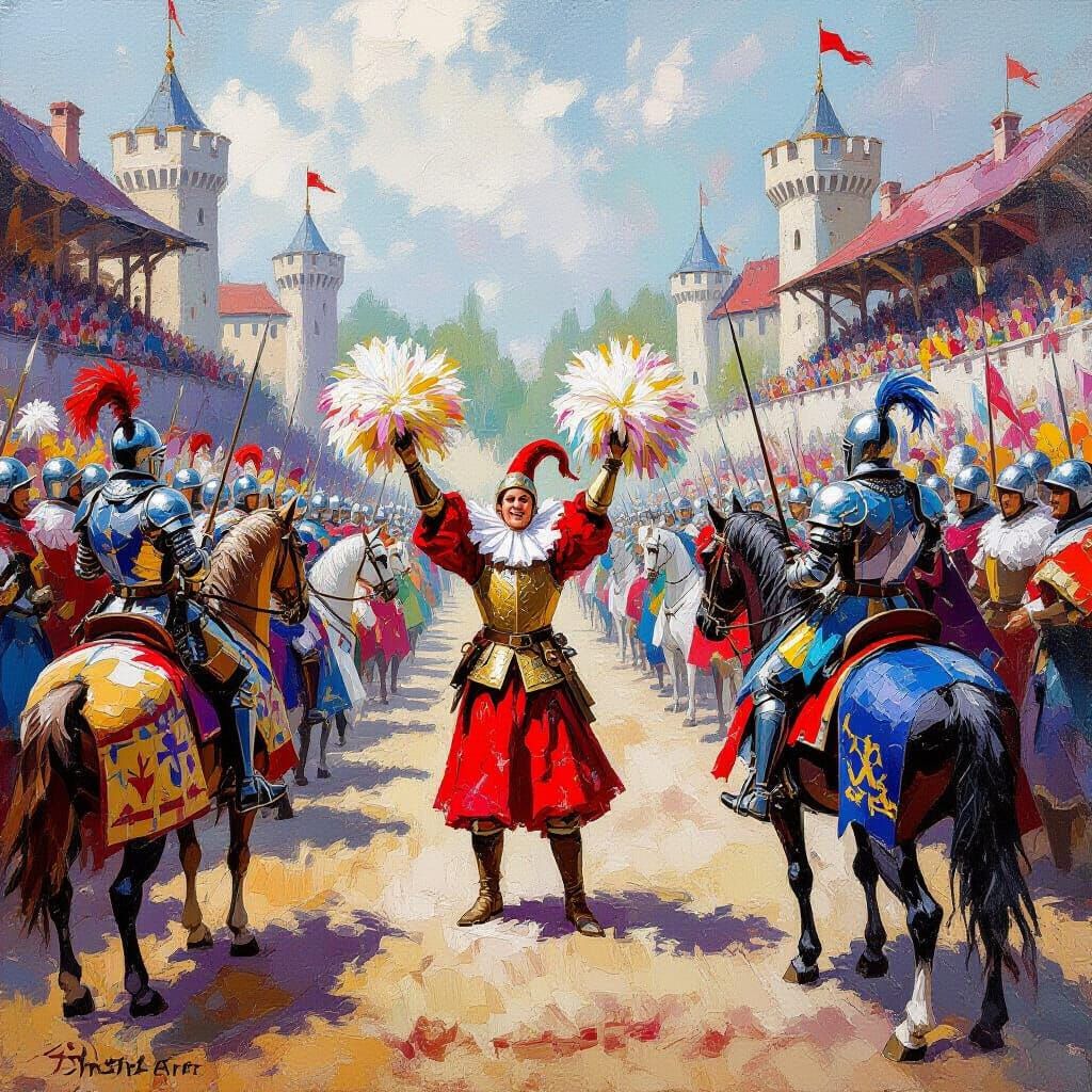 Humorous Medieval Knights Tournament in Expressionist Style