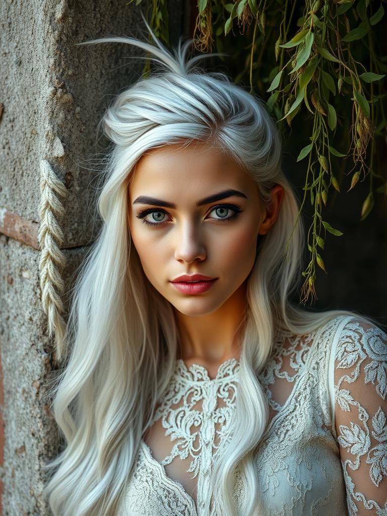 Woman with White Hair and Lace Dress