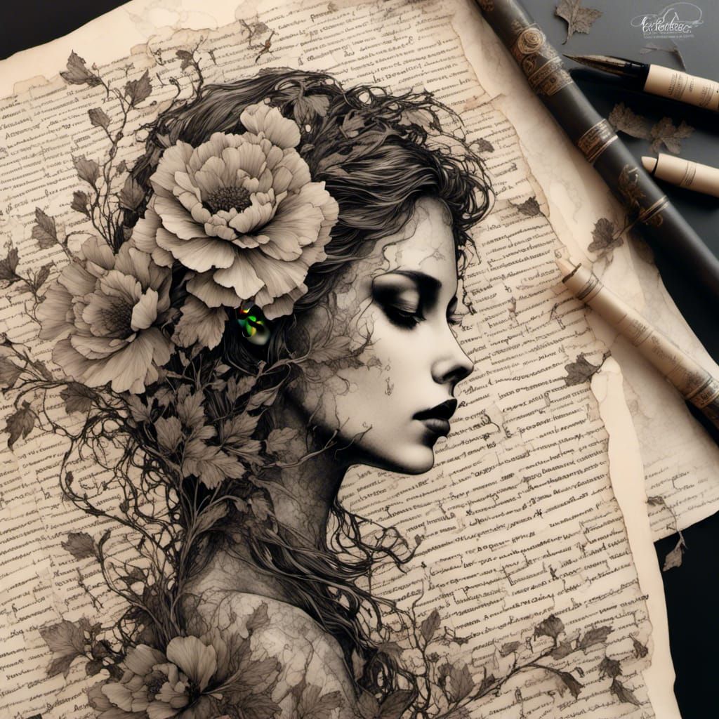 Double Exposure Silhouette with Peonies and Manuscript