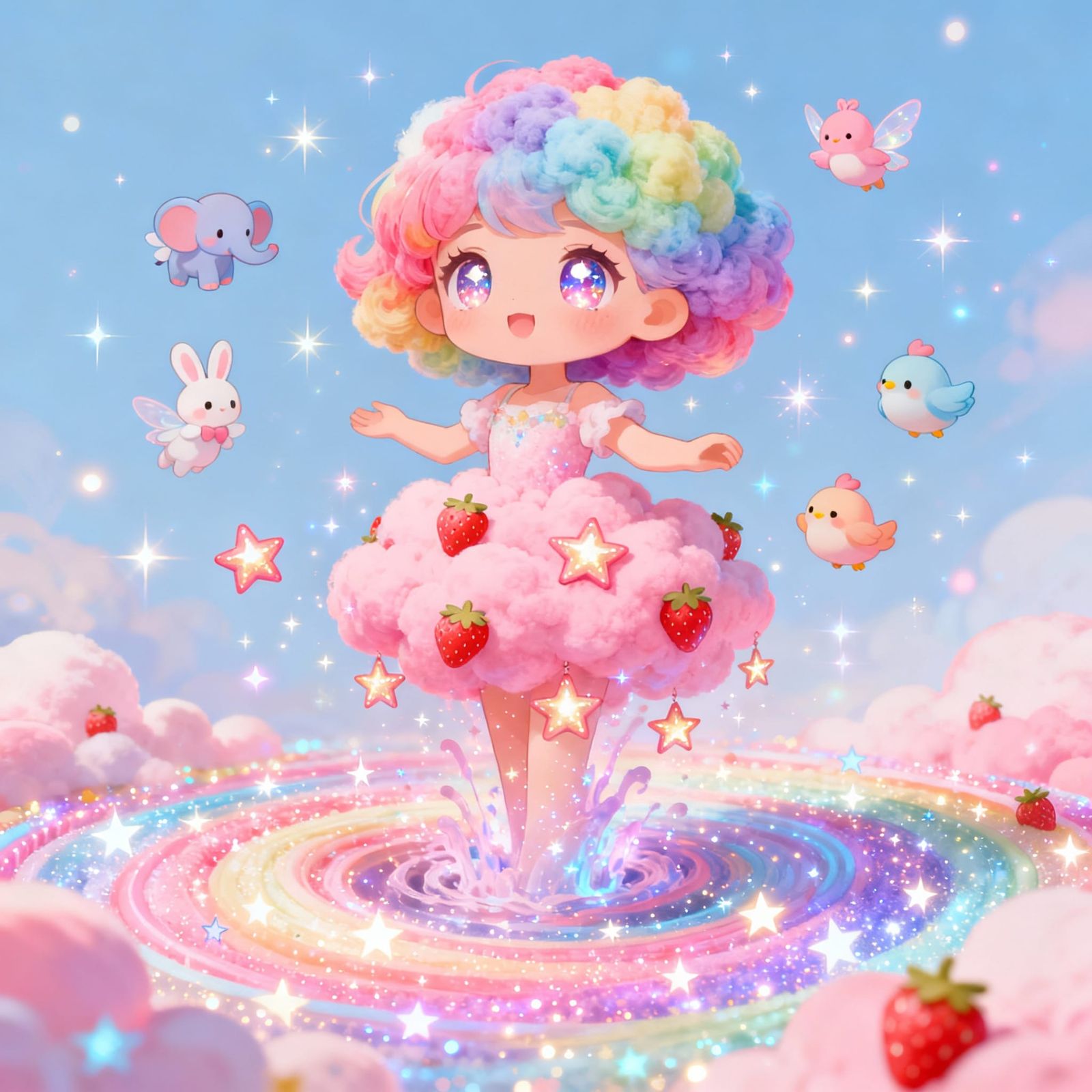 Kawaii Pastel Magical Girl in Rainbow Stardust