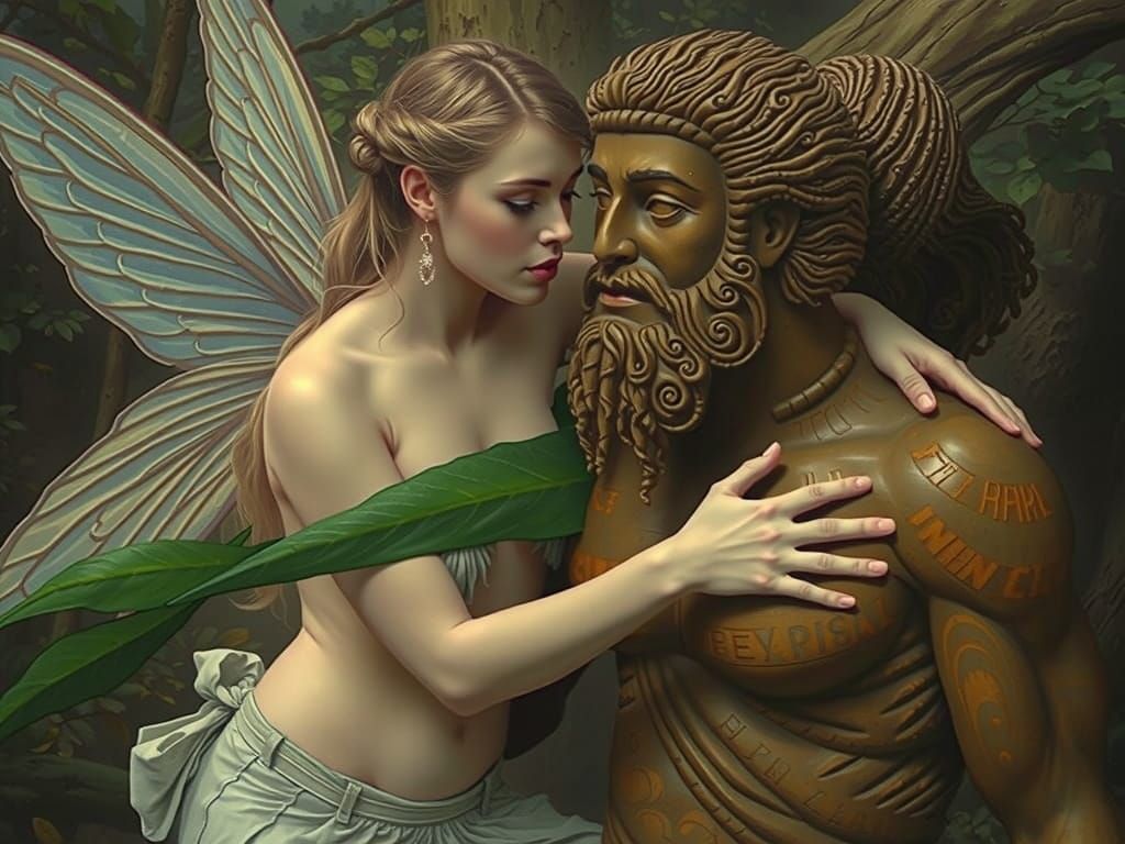 Blond Fairy in Forest with Wooden Statue