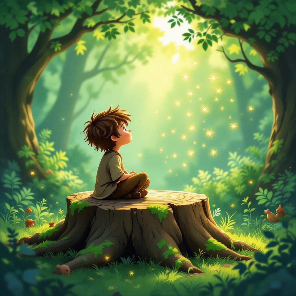 Young Boy Watches Fireflies in Magical Forest Concept Art